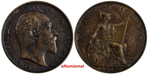 Great Britain Edward VII Bronze 1902 Farthing 1st Year Type XF KM# 792 (19 868)
