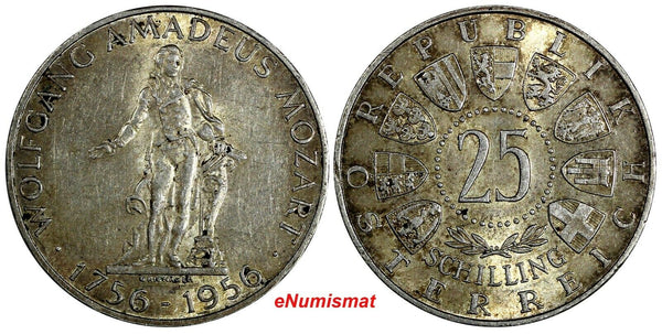 Austria Silver 1956 25 Schilling Wolfgang Amadeus Mozart Light Toned KM# 2881(3)