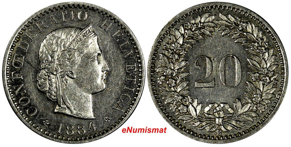 Switzerland Nickel 1884 B 20 Rappen aUNC KM# 29 (19 896)