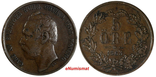 Sweden Carl XV Adolf (1859-1872) Bronze 1863 5 Öre Mintage-633,000 KM# 707 (927)