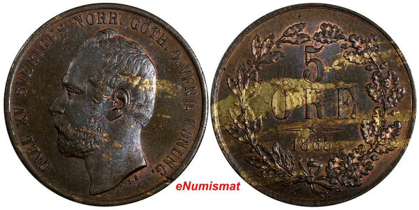 Sweden Carl XV Adolf Bronze 1865 L.A.5 Öre Mintage-114,000 SCARCE UNC KM# 707(8)