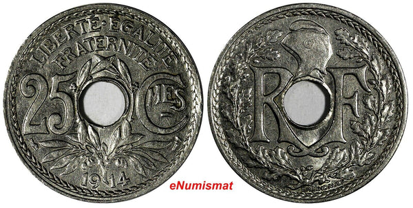 France Nickel 1914 25 Centimes "MES" 1st Year Type KM# 867 (19 948)