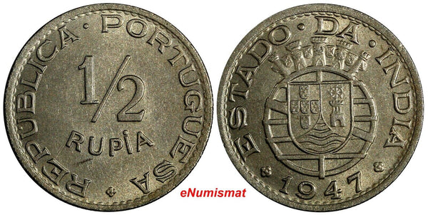 India-Portuguese 1947 1/2 Rupia Mintage-600,000 aUNC KM# 26 (19 953)