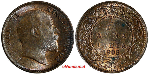 India-British Edward VII Bronze 1908 1/12 Anna Calcutta mint KM# 498 (19 961)