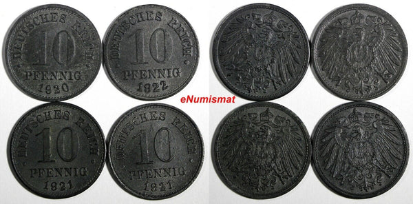 Germany - Empire Zinc LOT OF 4 COINS 1920,1921,1922 10 Pfennig WWI KM# 26 (969)