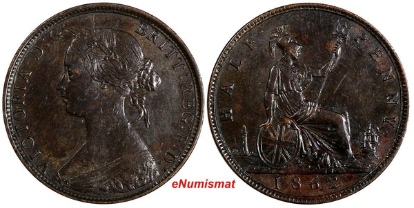 Great Britain Victoria (1837-1901) Bronze 1862 1/2 Penny XF KM# 748.2 (19 980)
