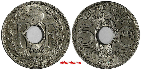 France Copper-Nickel 1918 5 Centimes UNC KM# 865a (20 005)