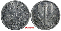 France Aluminum 1944 B 50 Centimes Beaumont WWII Issue XF KM# 914.2 (20 006)