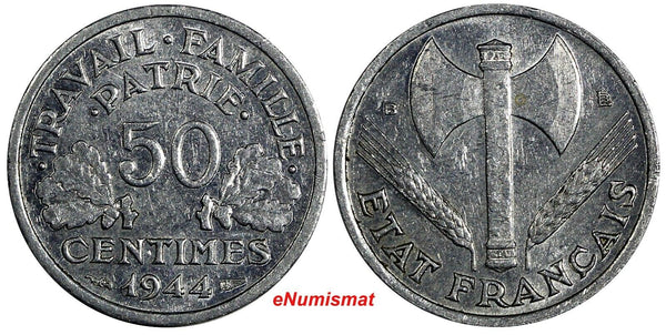 France Aluminum 1944 B 50 Centimes Beaumont WWII Issue XF KM# 914.2 (20 006)