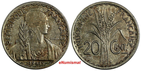 French Indo-China Copper-Nickel 1941 S 20 Cents  San Francisco Mint KM#23a.2 (8)