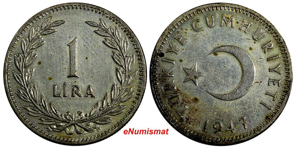 Turkey Silver 1947 1 Lira 25 mm KM# 883 (20 026)