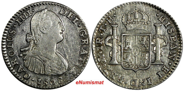 Mexico SPANISH COLONY Charles IV Silver 1808/7 Mo TH 1 Real OVERDATE KM# 81 (6)