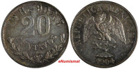 Mexico SECOND REPUBLIC Silver 1904 Cn H 20 Centavos Culiacan aUNC/UNC KM# 405(5)