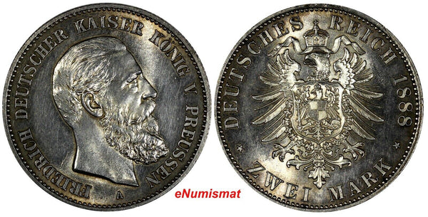 German States PRUSSIA Friedrich III Silver 1888 A 2 Mark BU.Lightly Toned KM#510