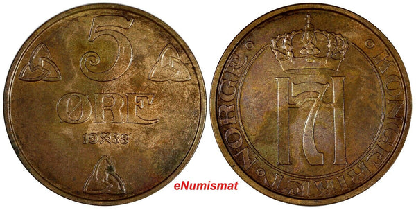 Norway Haakon VII Bronze 1938 5 Ore Toned UNC KM# 368 (20 107)