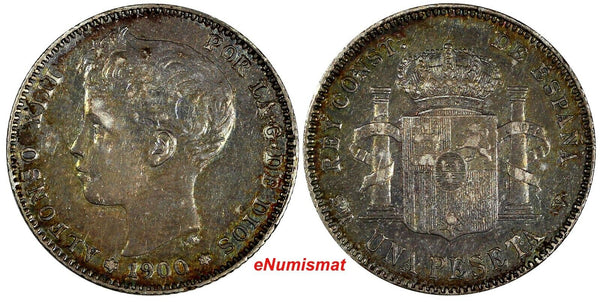 Spain Alfonso XIII Silver 1900 1 Peseta ch.XF Nice Rainbow Toned KM# 706 (12)