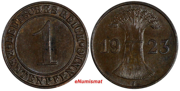 Germany - Weimar Republic Bronze 1923 J 1 Rentenpfennig Hamburg XF KM# 30 (174)