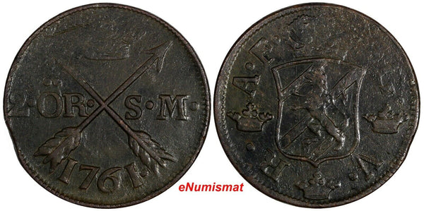 Sweden Adolf Fredrik Copper 1761 2 Öre SM Mintage-422,000 33,7mm KM# 461 (175)