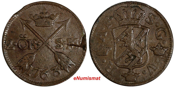 Sweden Adolf Fredrik Copper 1763 2 Öre SM Mintage-401,000 33,7mm KM# 461 (177)