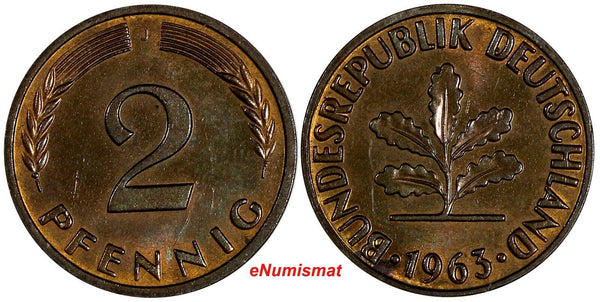 Germany - Federal Republic Bronze 1963 J 2 Pfennig Hamburg Mint Unc KM# 106 (80)