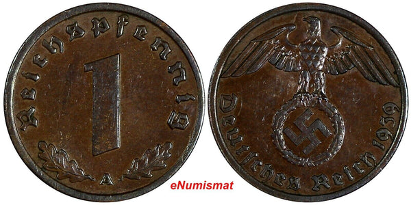Germany - Third Reich Bronze 1939 A 1 Reichspfennig Berlin Mint UNC KM# 89 (182)