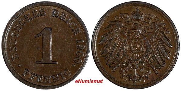 Germany - Empire Wilhelm II Copper 1900 J  1 Pfennig Hamburg Mint KM# 10 (190)