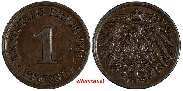 Germany - Empire Wilhelm II Copper 1916 J  1 Pfennig Hamburg Mint KM# 10 (193)