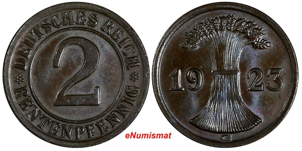 Germany - Weimar Republic Bronze 1923 G 2 Rentenpfennig Stuttgart UNC KM# 31 (7)