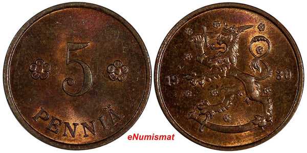 Finland Copper 1930 5 Penniä Better Date BU KM# 22 (20 209)