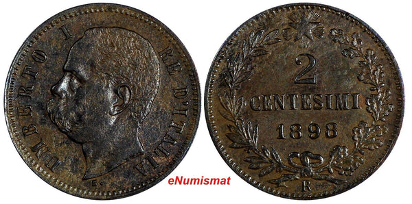 Italy Umberto I Copper 1898 R 2 Centesimi XF KM# 30 (20 216)