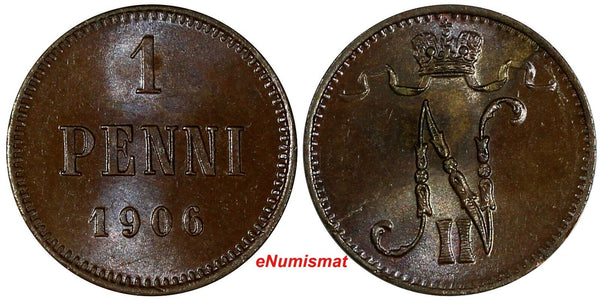 Finland Nicholas II Copper 1906 1 Penni  UNC KM# 13 (20 223)