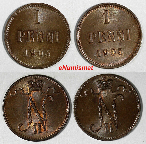 Finland Nicholas II Copper LOT OF 2 COINS 1905 1 Penni  UNC KM# 13 (20 224)