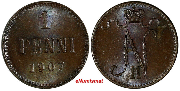 Finland Nicholas II Copper 1907 1 Penni  UNC KM# 13 (20 225)