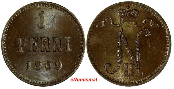 Finland Nicholas II Copper 1909 1 Penni  UNC KM# 13 (20 226)