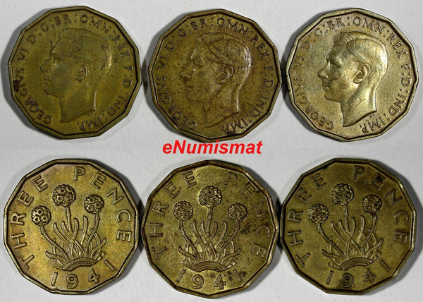 Great Britain George VI LOT OF 3 COINS 1941 3 Pence WWII Issue KM# 849 (20 239)