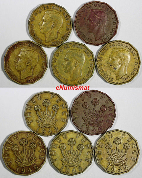 Great Britain George VI LOT OF 5 COINS 1948 3 Pence  KM# 849 (20 240)