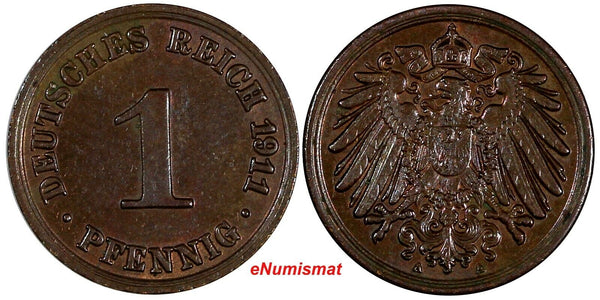 Germany - Empire Wilhelm II Copper 1911 A 1 Pfennig Berlin Mint UNC KM# 10 (247)