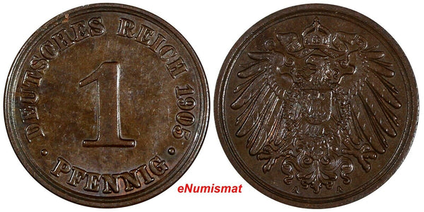 Germany - Empire Wilhelm II Copper 1905 A 1 Pfennig Berlin Mint UNC KM# 10 (250)