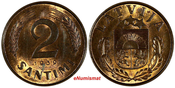 LATVIA Bronze 1939 2 Santimi 1 YEAR TYPE Nice Red UNC  KM# 11.2 (20 254)