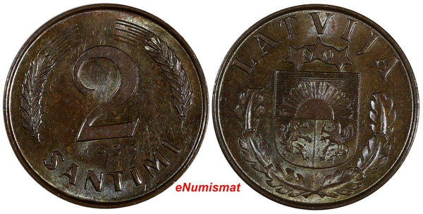 LATVIA Bronze 1939 2 Santimi 1 YEAR TYPE UNC  KM# 11.2 (20 255)