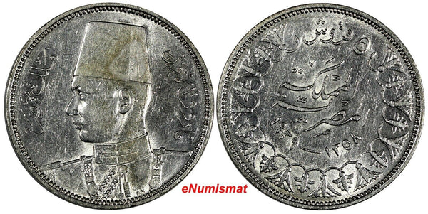 EGYPT Farouk (1936-1952) Silver AH1358//1939 5 Piastres aUNC  KM# 366 (257)