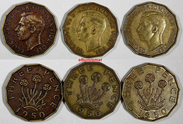 Great Britain George VI LOT OF 3 COINS 1950  3 Pence  KM# 873 (20 262)
