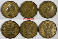 Great Britain George VI LOT OF 3 COINS 1952 3 Pence Toned KM# 873 (20 264)