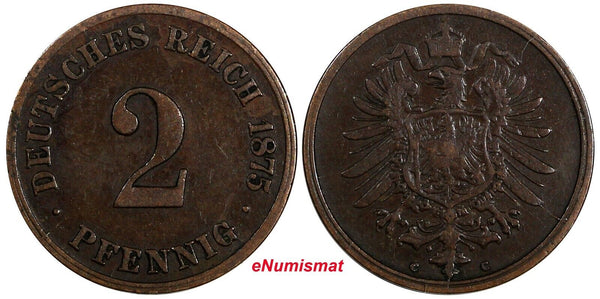Germany-Empire Wilhelm I Bronze 1875 C 2 Pfennig Frankfurt am Main Mint KM# 2(9)