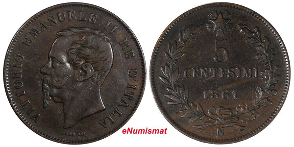 Italy Vittorio Emanuele II Copper 1861 N 5 Centesimi Naples Mint VF/XF KM#3.3(5)