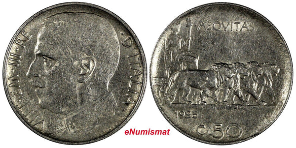 Italy Vittorio Emanuele III 1925 R 50 Centesimi Reeded Edge SCARCE KM#61.2 (347)