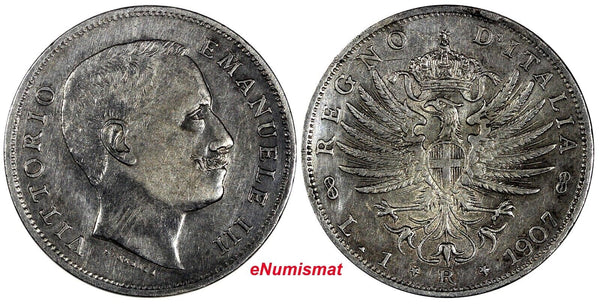 Italy Vittorio Emanuele III Silver 1907 R 1 Lira Last Year Type VF/XF KM# 32 (9)