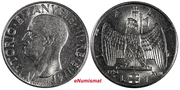 Italy Vittorio Emanuele III 1940 R Yr. XVIII 1 Lira Magnetic KM# 77b (20 354)