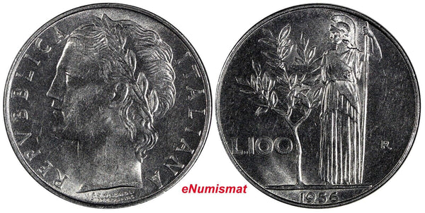 Italy Stainless Steel 1956 R 100 Lire large type UNC KM# 96.1 (20 360)