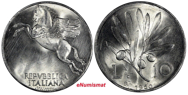 Italy Aluminium 1950 R 10 Lire Pegasus UNC Condition KM# 90 (20 363)